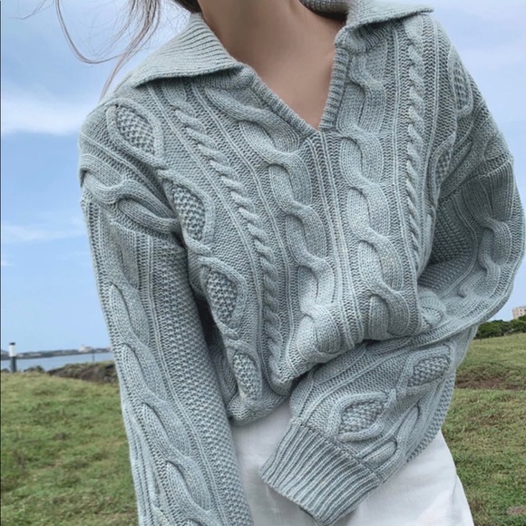 Cable knit sweater collar knit cable knit gray blue long sleeve - Picture 4 of 5